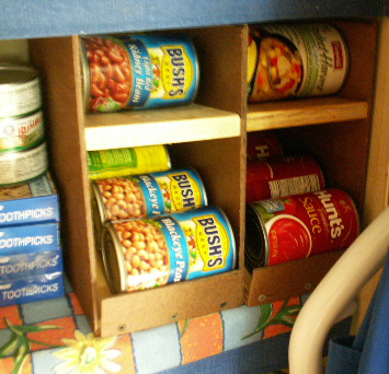 Homemade canned foods rack in use
